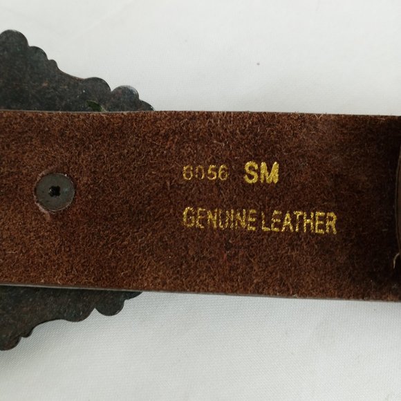 Tooled Leather Belt With Cross Buckle Rhinestone Conchos - Picture 5 of 9